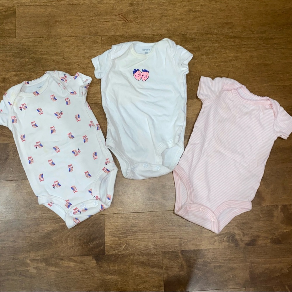 Short sleeve onesie without legs, strawberries pink owls 3m